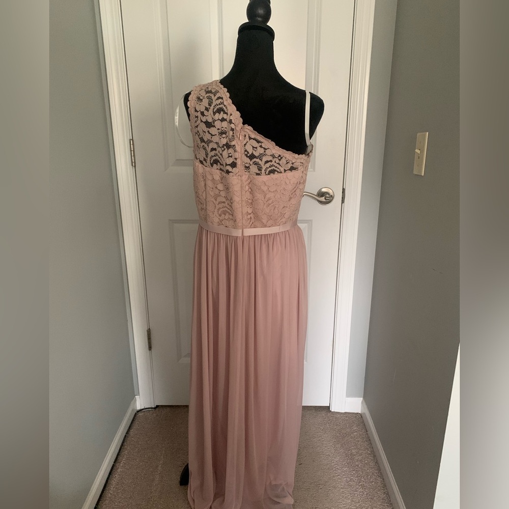 David's Bridal One-Shoulder Lace Bodice Chiffon Gown in Dusty Rose